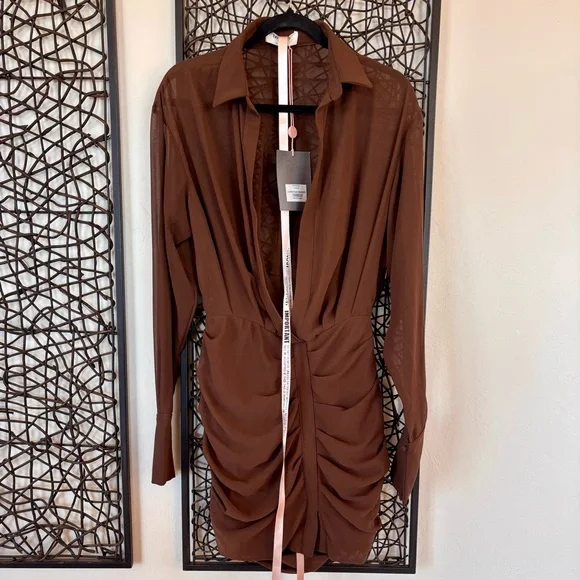 HOUSE of CB Small NWT CLEO Chocolate Chiffon Shirt Dress - Picture 13 of 16